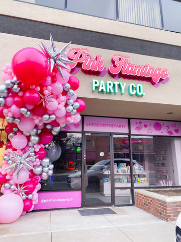 Connecticut Balloons, Storefront of CT party store Pink Flamingo Party Co, Over the top pink balloon garland