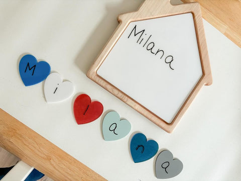 Jack and Link wooden house sensory tray and mini writables.