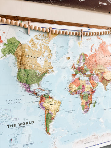 World wall map for kids learning geography and biomes.
