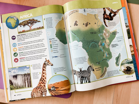 World geography book for kids showing each continents biome.