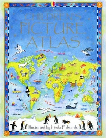 A kids world continent book showing landmarks and biomes.