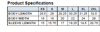 Sizing chart