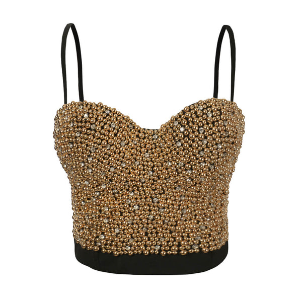 Pearls Diamond Bead Women's Bustier Crop Top Black | FANCYMAKE