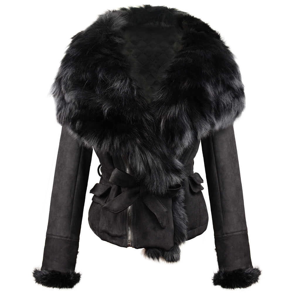 Luxury Suede Leather Genuine Fox Fur Collar Coat International Online ...