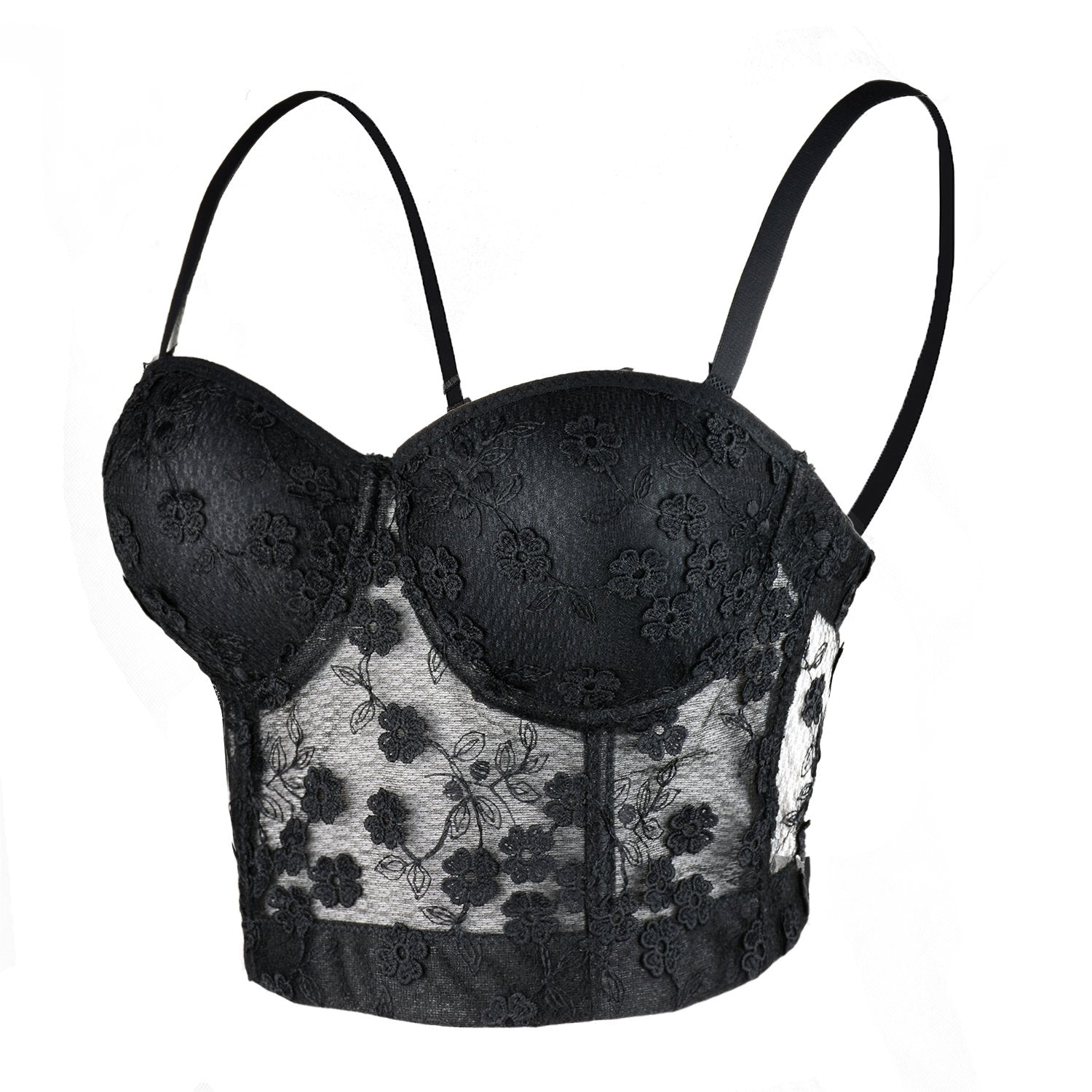 Womens Mesh Lace Flower Bustier Crop Top Sexy Corset Top Bra Black