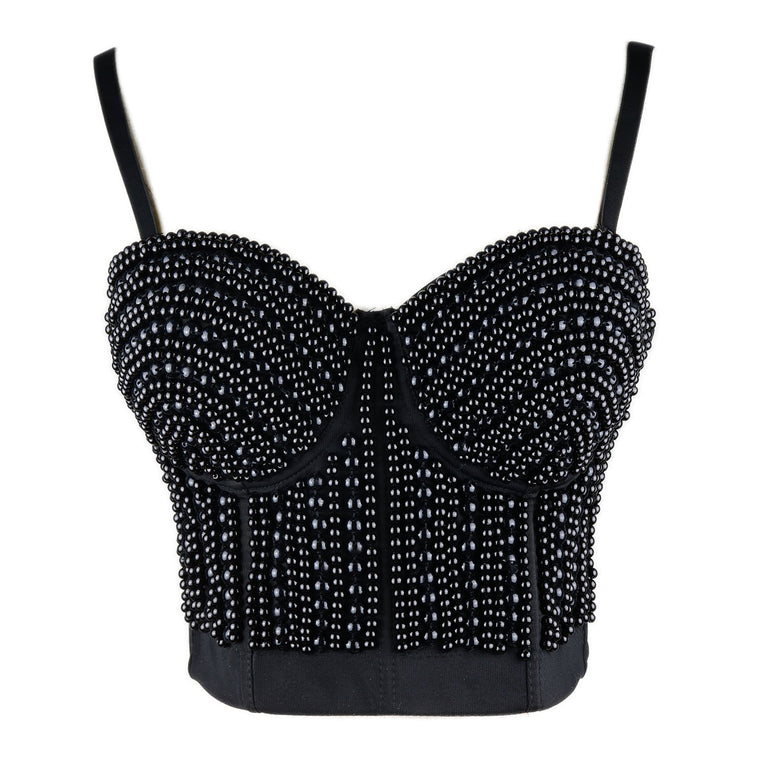 Woment's Pearls Beaded Bustier Crop Top Club Party Sexy Corset Top Bra ...