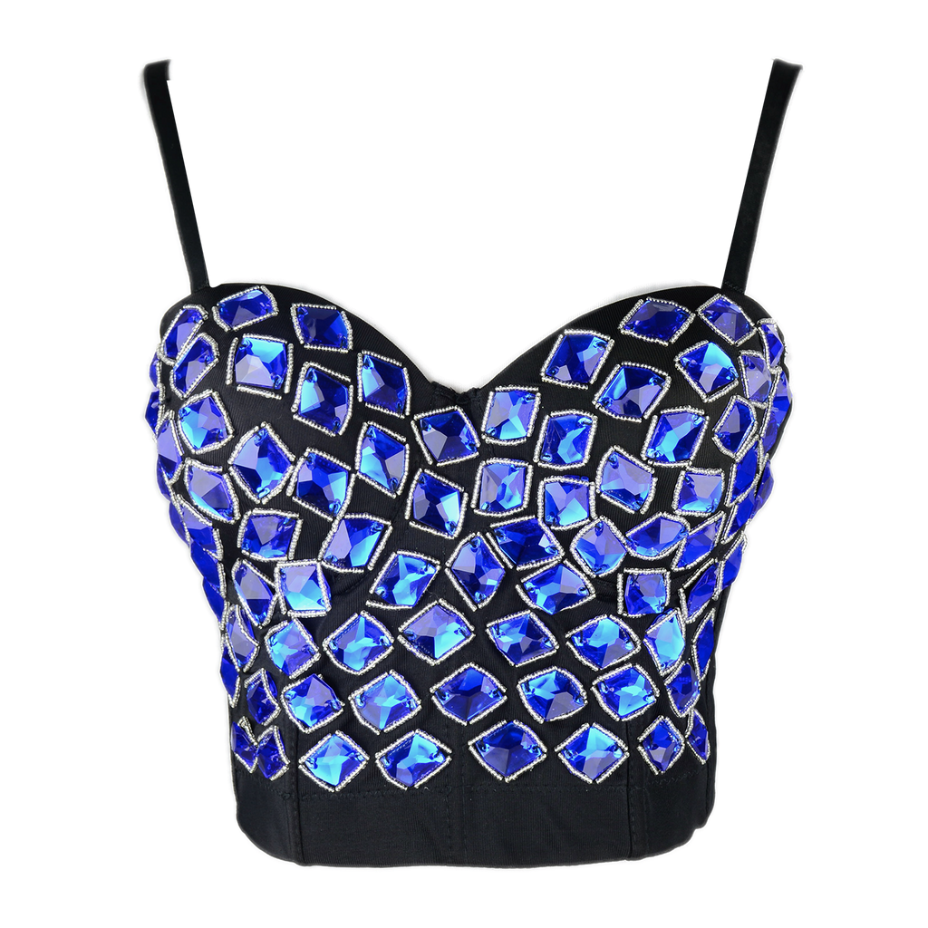 Women's Blue Rhinestone Beaded Punk Bustier Crop Top Party Club Corset ...