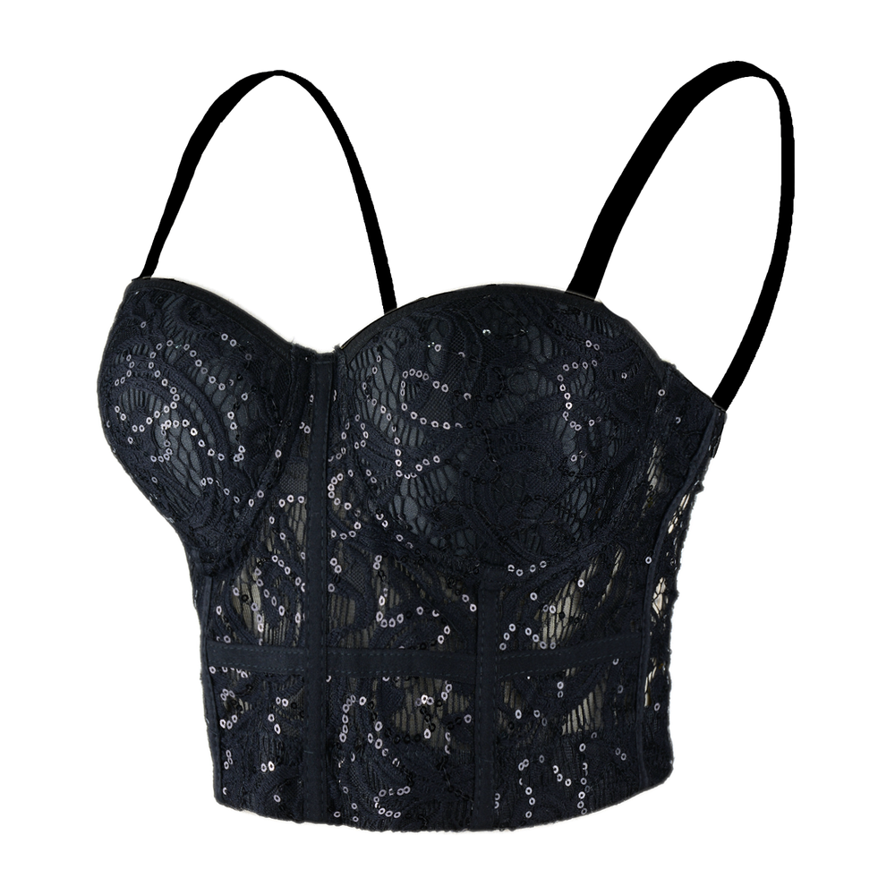 Women's Sequin Lace Bustier Crop Top Sexy Mesh Corset Vest Black ...