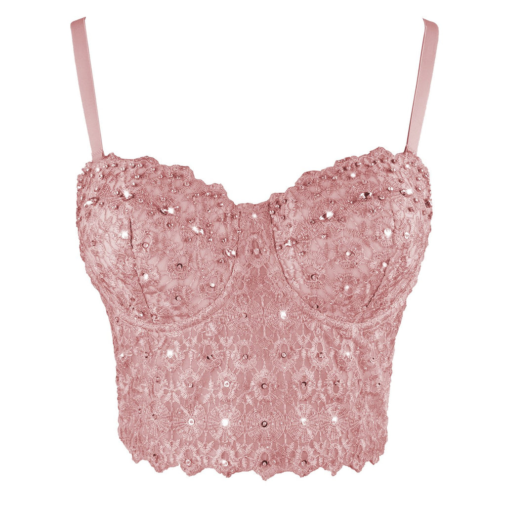 Women's Natural Reigning Lace Rhinestone Bustier Crop Top Sexy Mesh Co ...