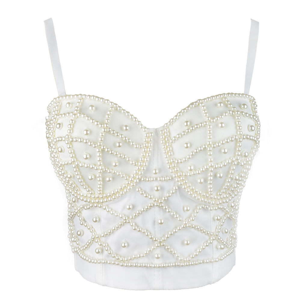 White Pearls Beaded Bustier Corset Club Party Cage Bra | FANCYMAKE