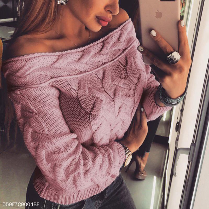 Sexy Off Shoulder Long Sleeve Plain Knitting Sweater