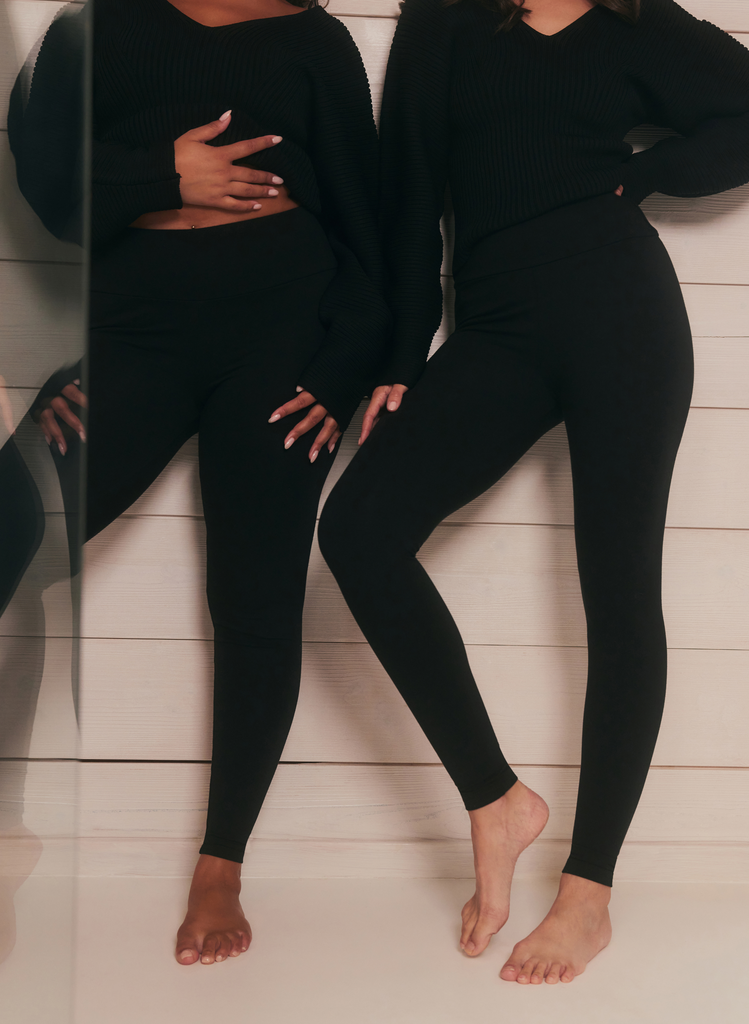 Zoomed in image of two models wearing Everyday High Waisted Leggings in Black.