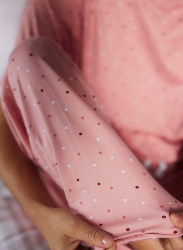 Close up image of the Pink Dot Pyjamas.