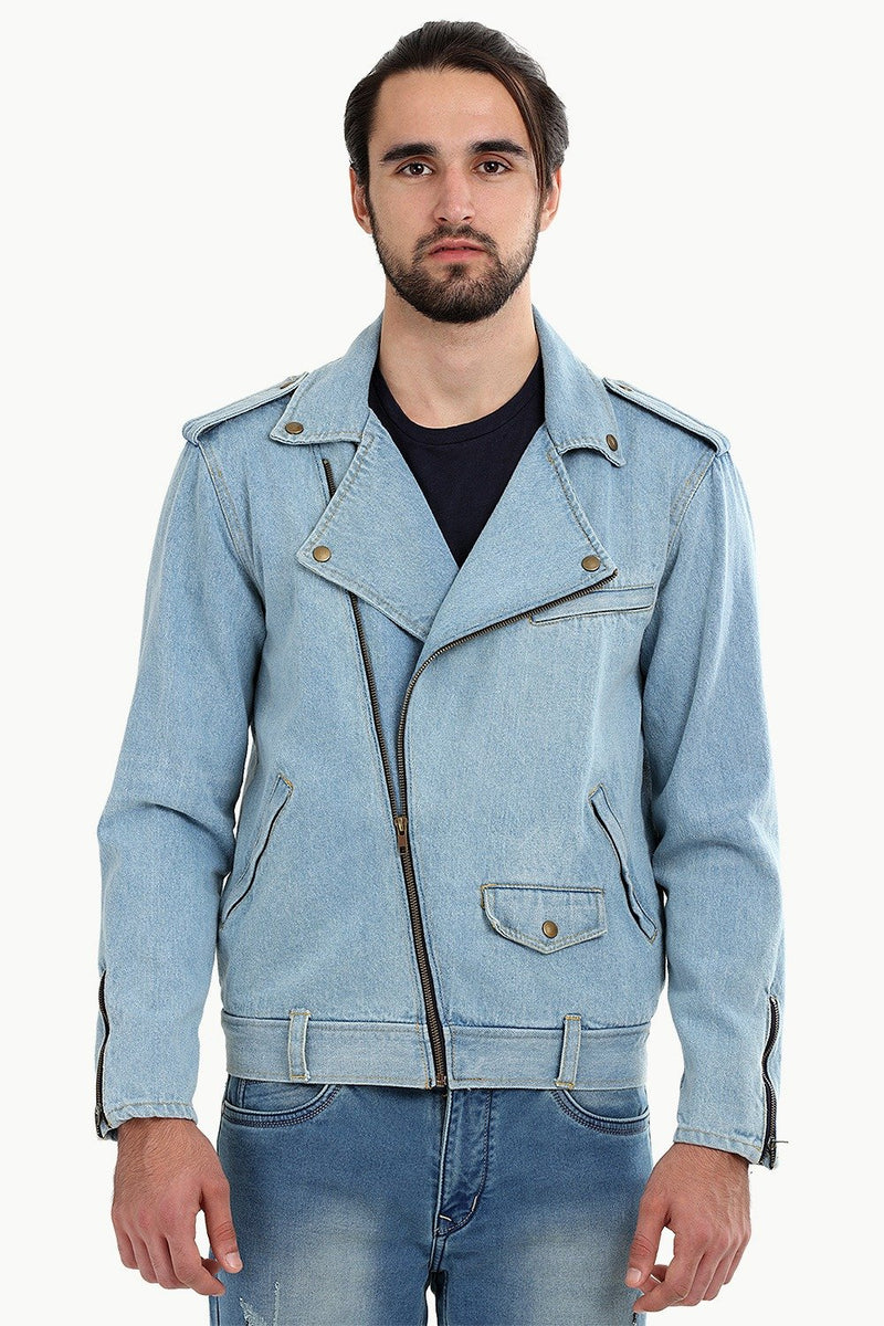 Buy Online Biker Style Light Wash Denim Jacket for Men online at Zobello