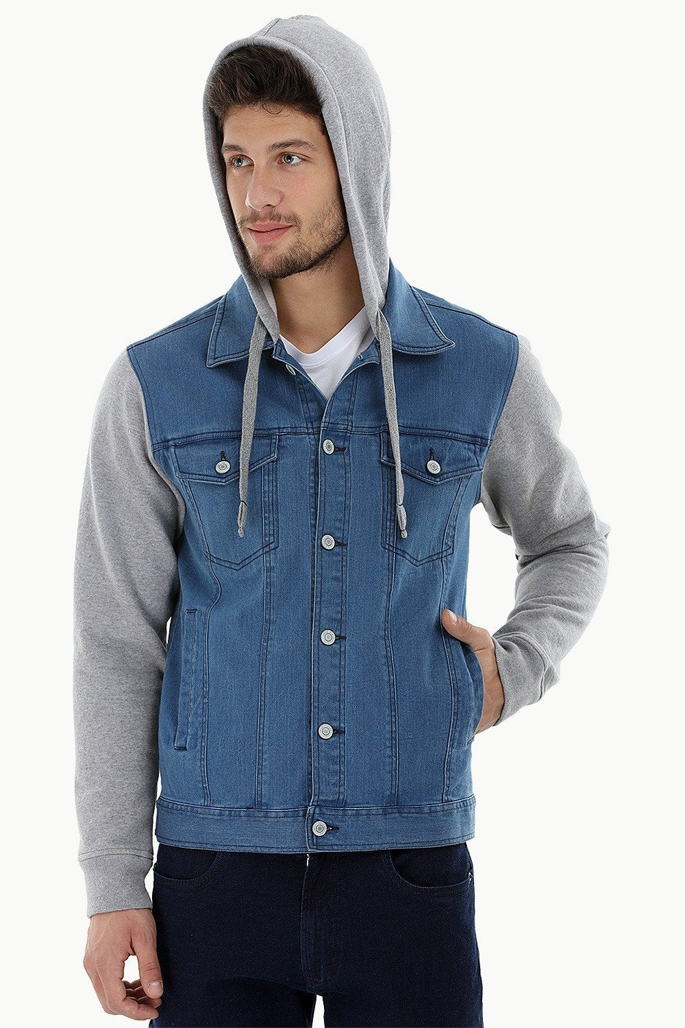 Buy Online Midwashed Indigo Hooded Denim Jacket for Men Online at Zobello