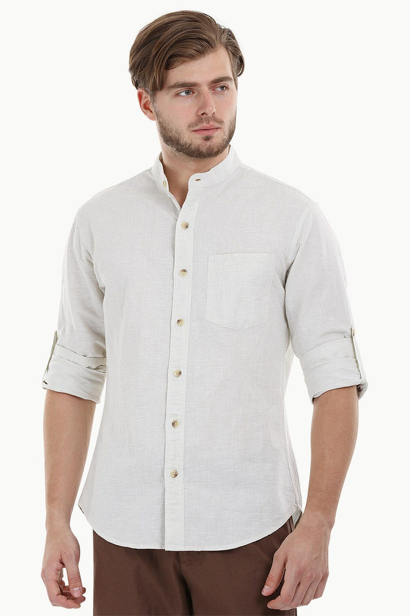 Buy Online Offwhite/Brown Mandarin Collar Chambray Shirt for Mens – Zobello