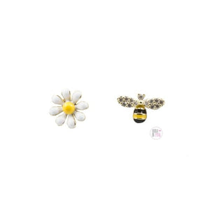 Sterling Silver CZ Enamel Bumble Bee and Daisy Earring Set