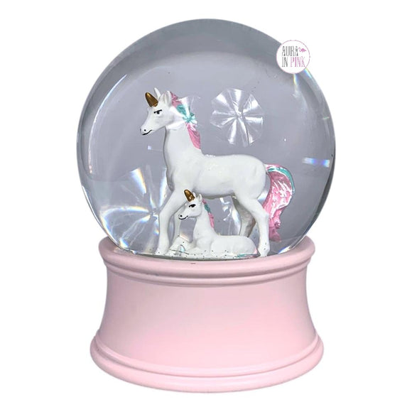 Unicorn Mommy & Baby in Glitter Glass Snow Globe w/Pink Base - Aura In Pink Inc.