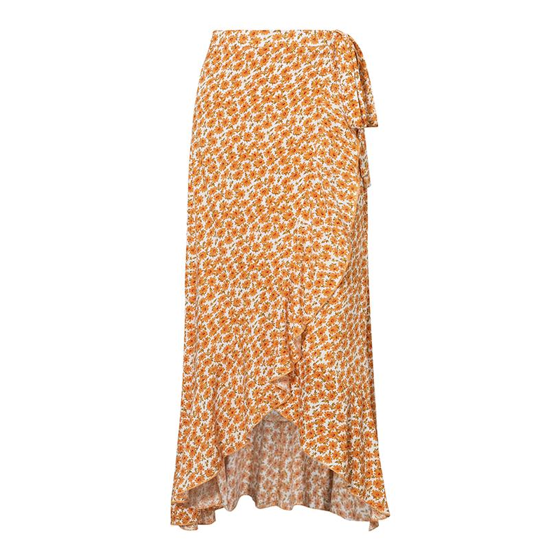 Bohemian Floral Print Long Skirt High Waist Lace Up Ruffle Summer Skirt