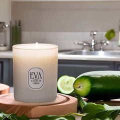 premium spring candle UK, white glass, scented with Cucumber and Green Apple, edition 2023
