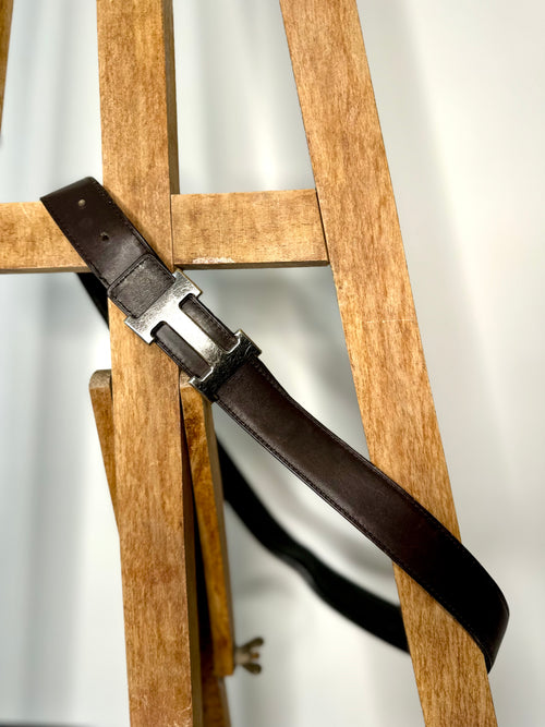 Hermes Belt // Vintage / Leather / Black and Brown / Silver Buckle