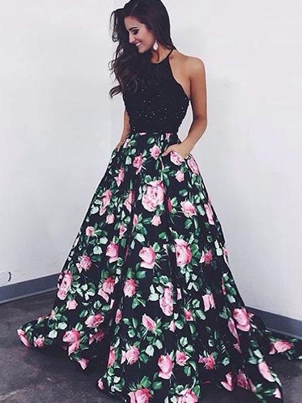 black dress with flowers on it