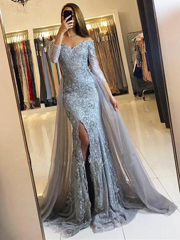 silver long sleeve prom dress