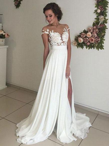 Chic Chiffon Ivory Wedding Dress A Line Lace Cheap Wedding Dress