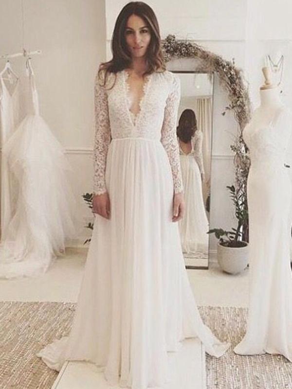 Long Sleeve Wedding Dress Chiffon Lace VNeck Wedding Dress #ER161 ...