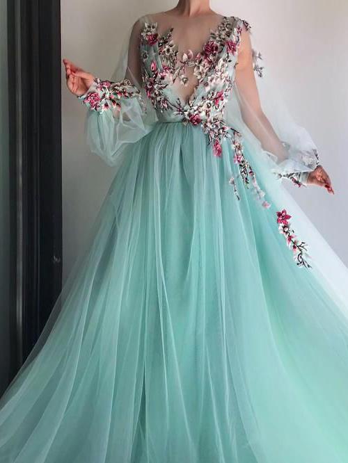 Flower Long Sleeve Prom Dress Cheap Lace Long Prom Dress #ER262 – OrtDress