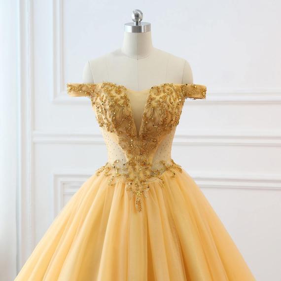 Ball Gown Vintage Prom Dress Plus Size Off The Shoulder Gold Prom Dres ...