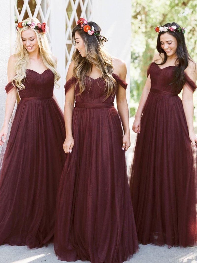 burgundy off the shoulder bridesmaid dress