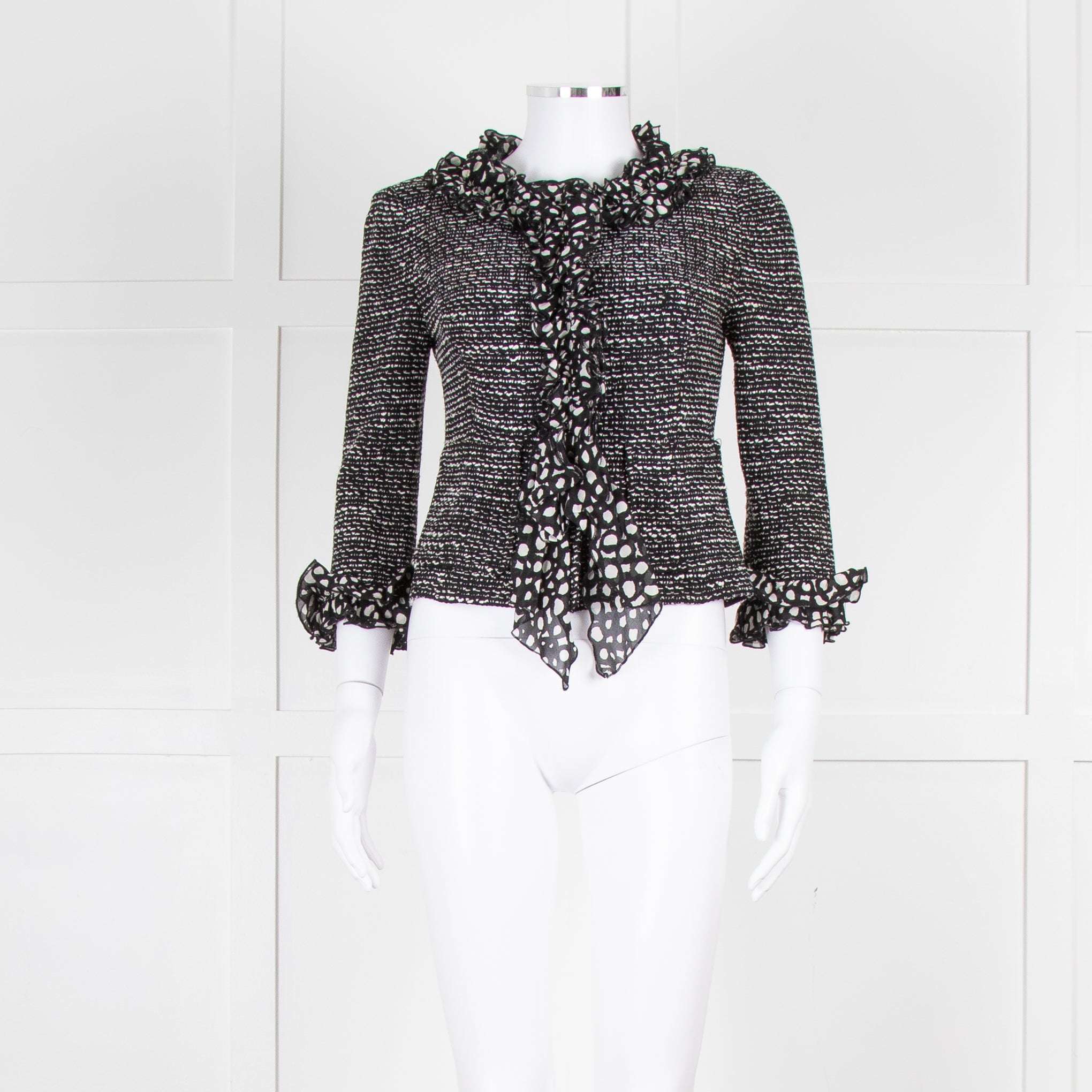 image of St John Black White Knit Frill Trim Jacket