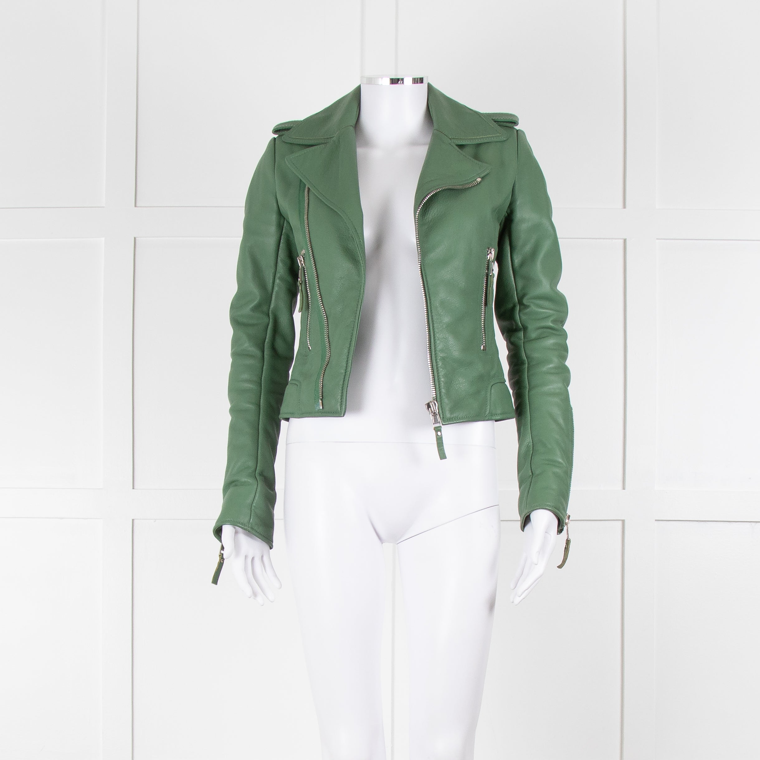 image of Balenciaga Green Leather Biker Jacket