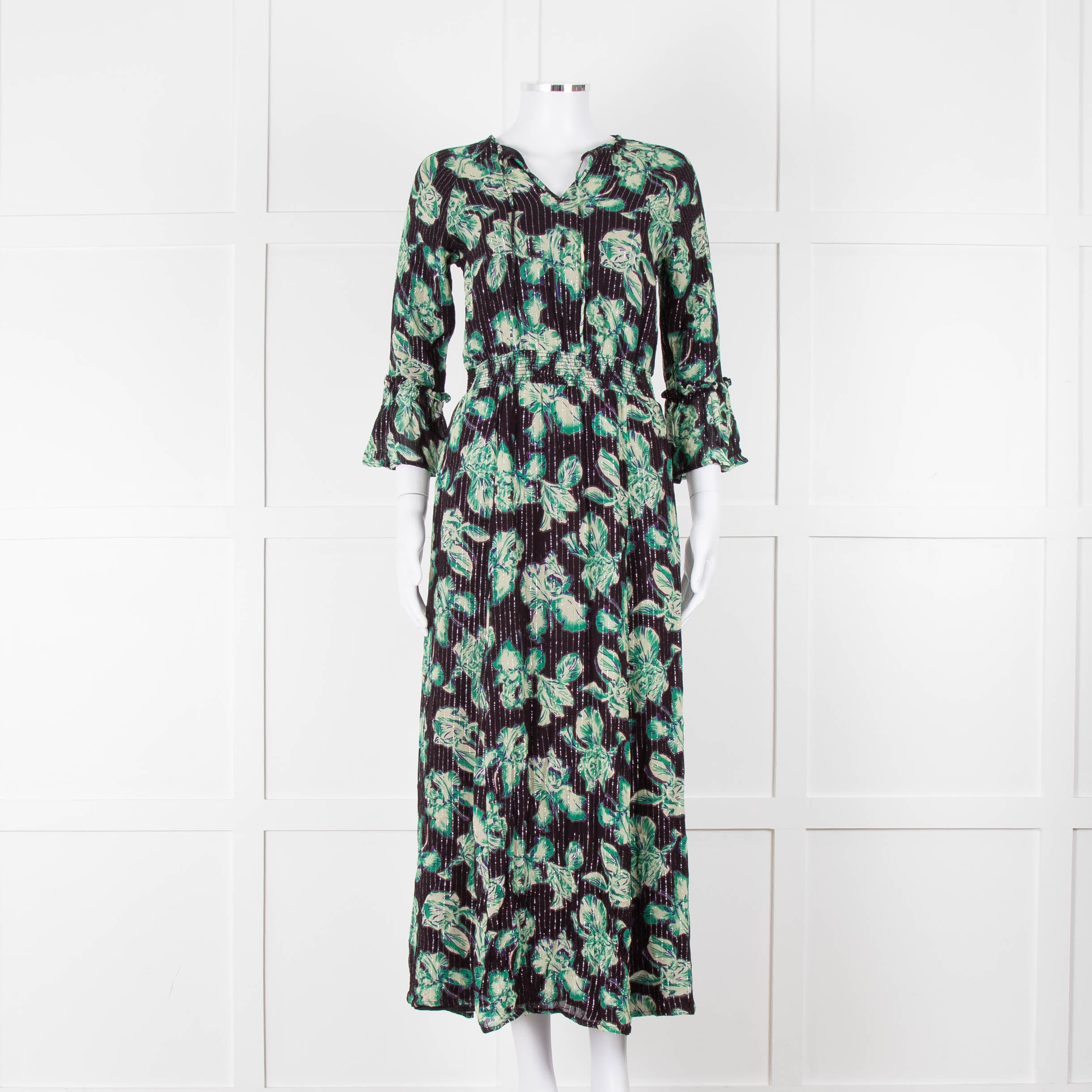 image of Iris Black Green Floral Silver Thread Midi Dress
