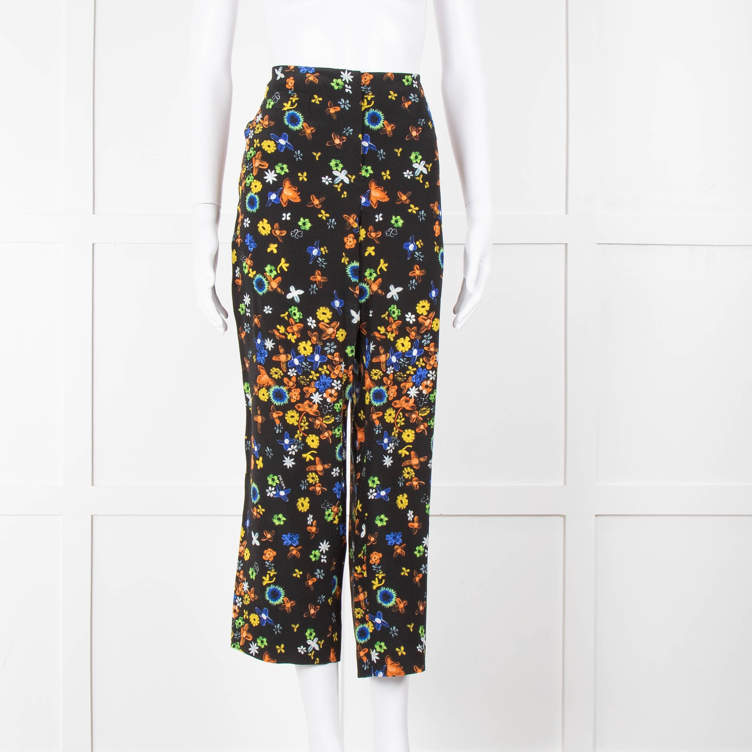 image of Prada Black Orange Yellow Floral Silk Trousers