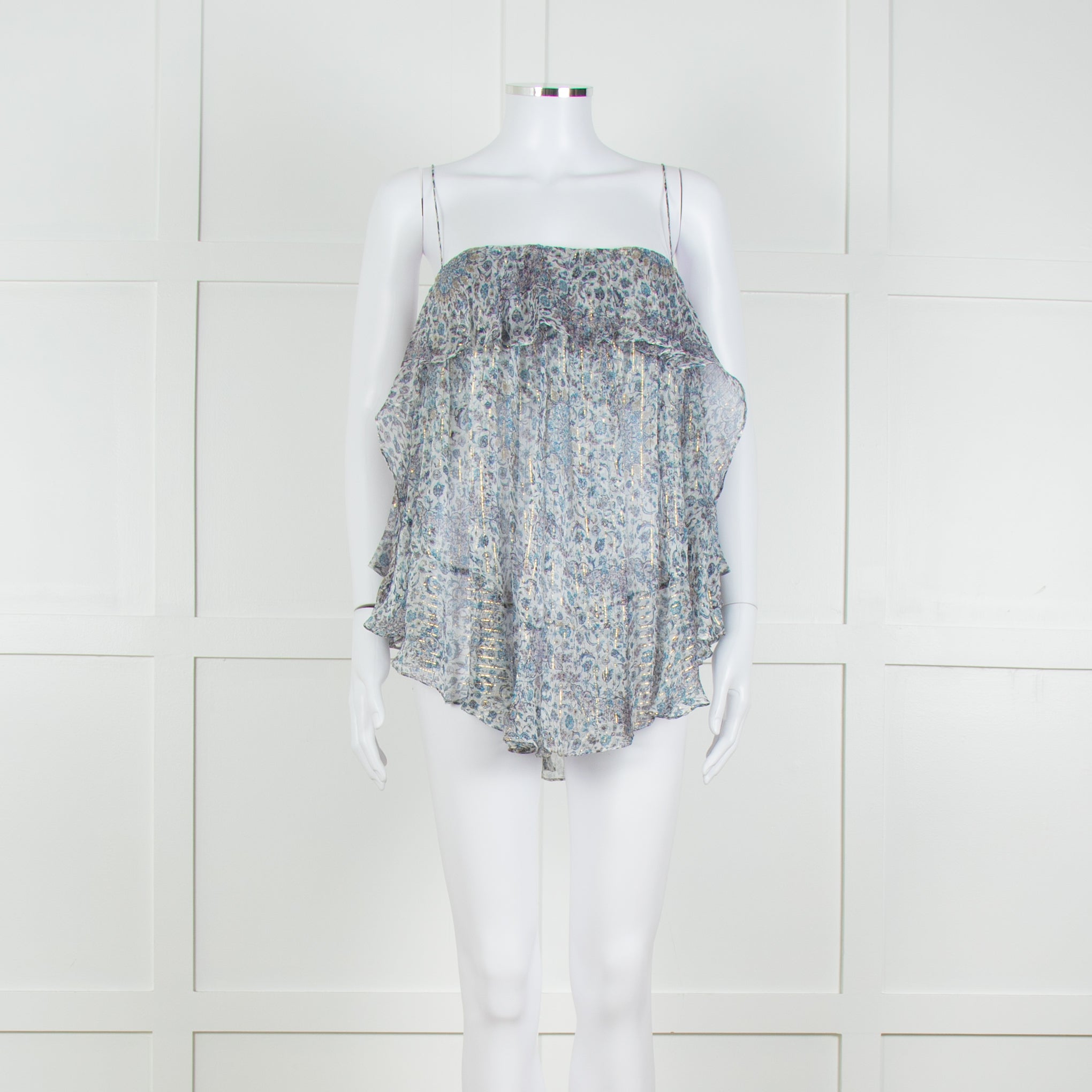 image of Zimmermann Blue Floral Flounce Lurex Top With Corset Bustier