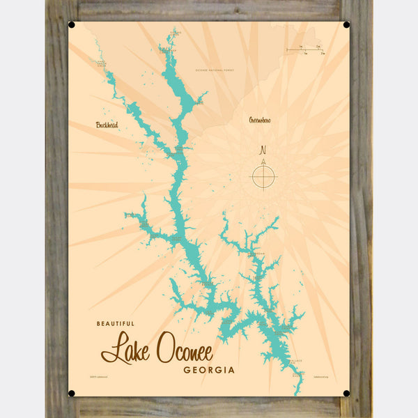 Lake Oconee Georgia, Wood-Mounted Metal Sign Map Art