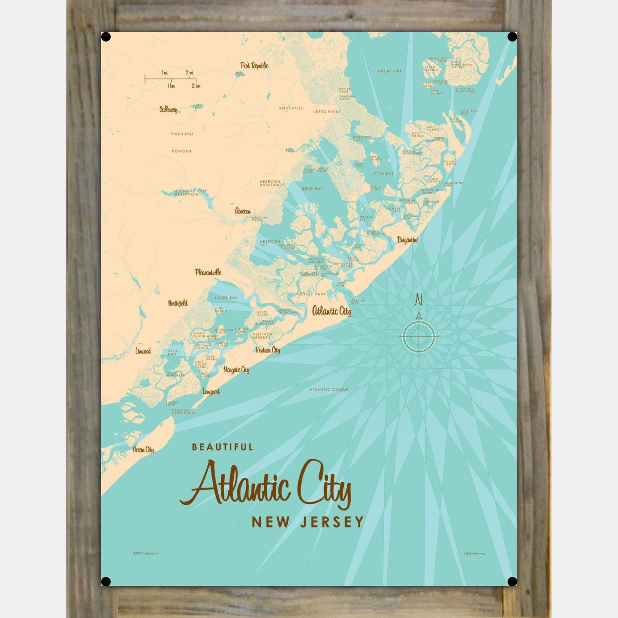 Atlantic City New Jersey, WoodMounted Metal Sign Map Art Lakebound®