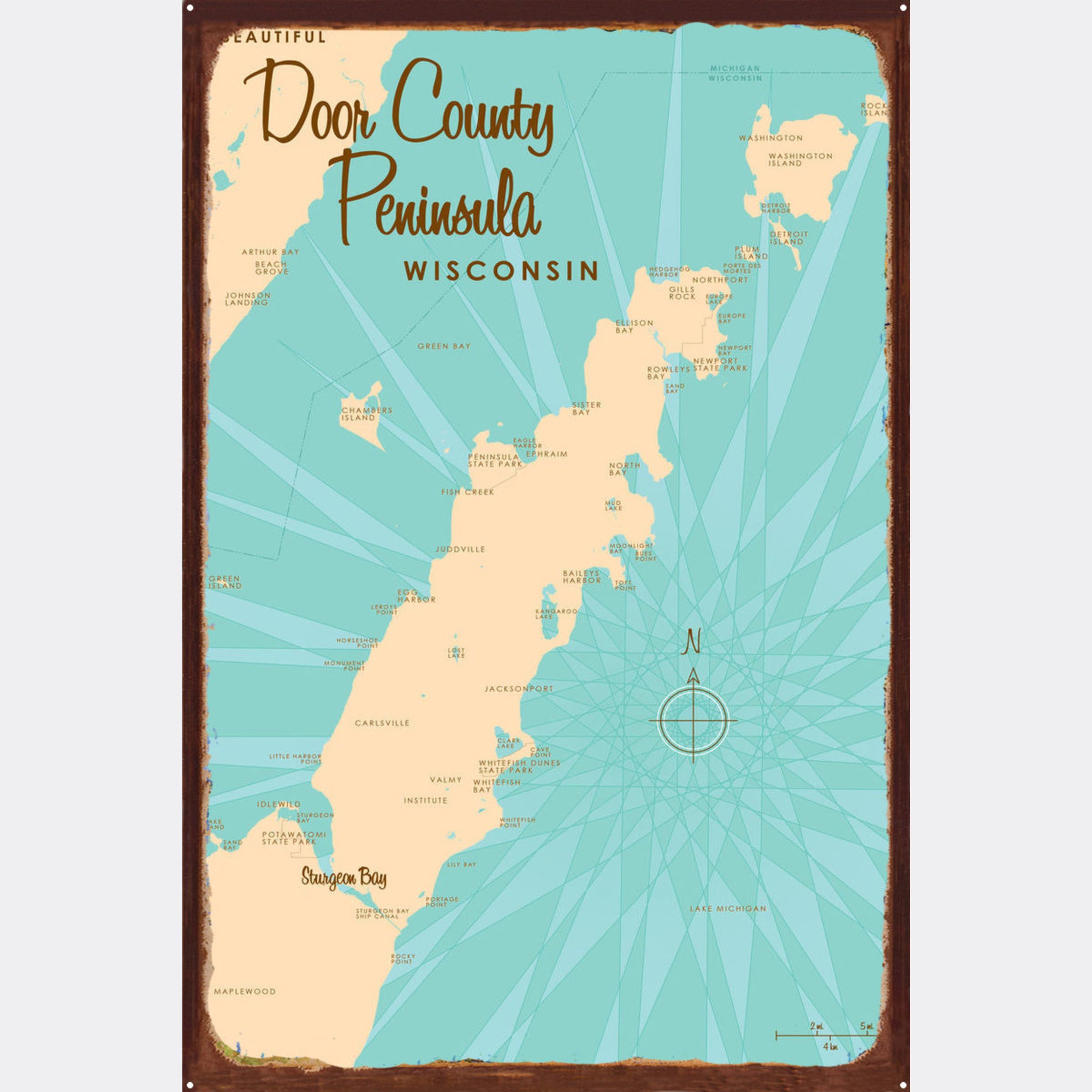 Door County Peninsula Wisconsin Rustic Metal Sign Map Art