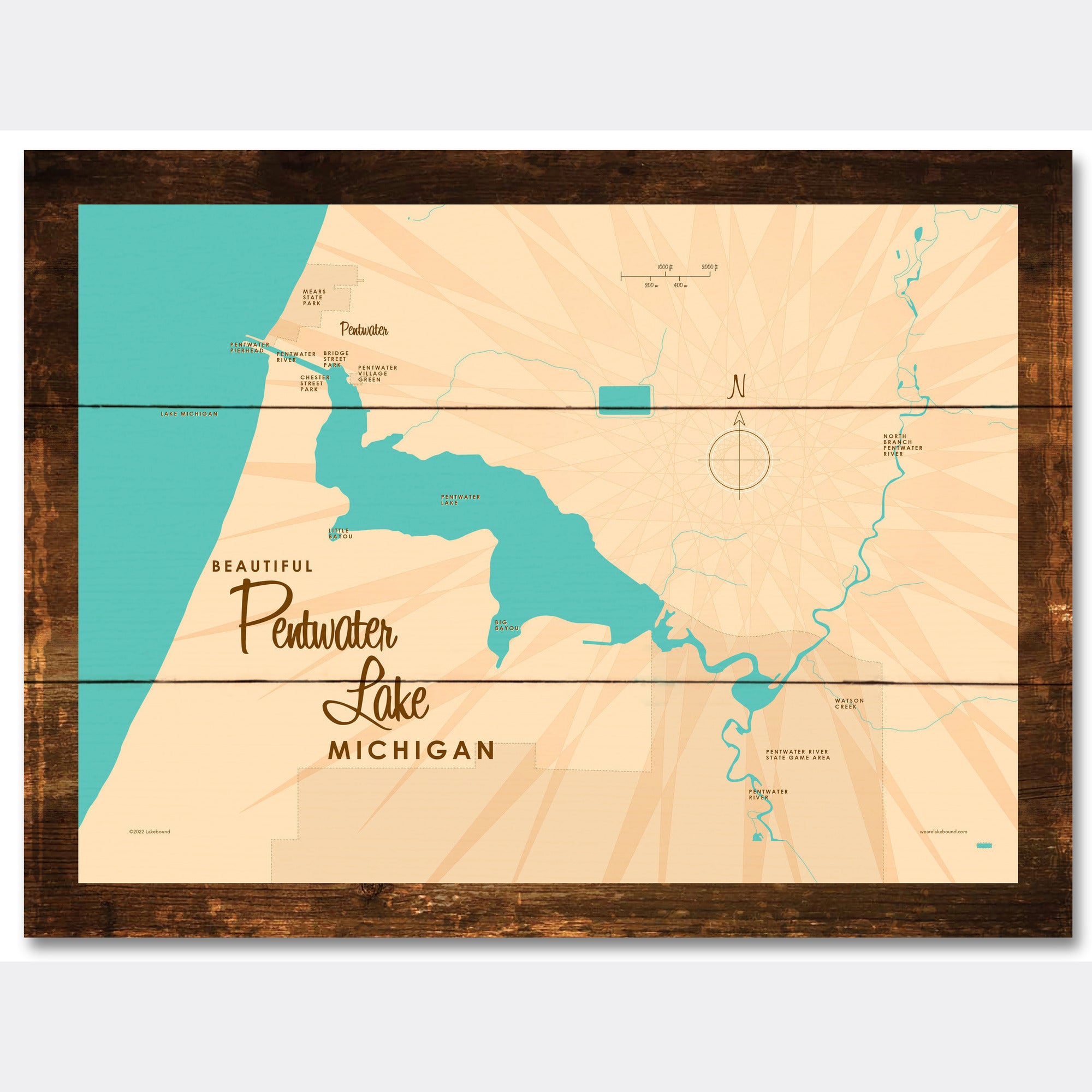 Pentwater Lake Michigan Rustic Wood Sign Map Art Lakebound® 8915