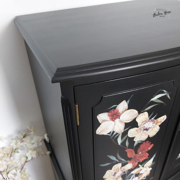 Drinks Cabinet Painted in Black with Floral Design