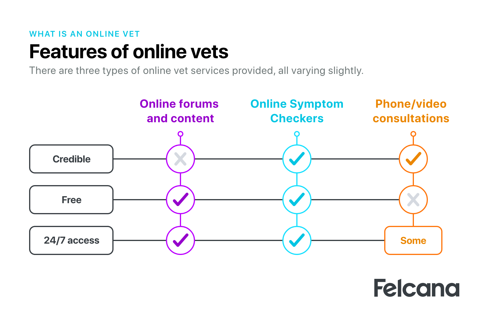 Features of 3 different types of online vets (online forums and content, online symptom checkers and phone/video consultations) and how they vary