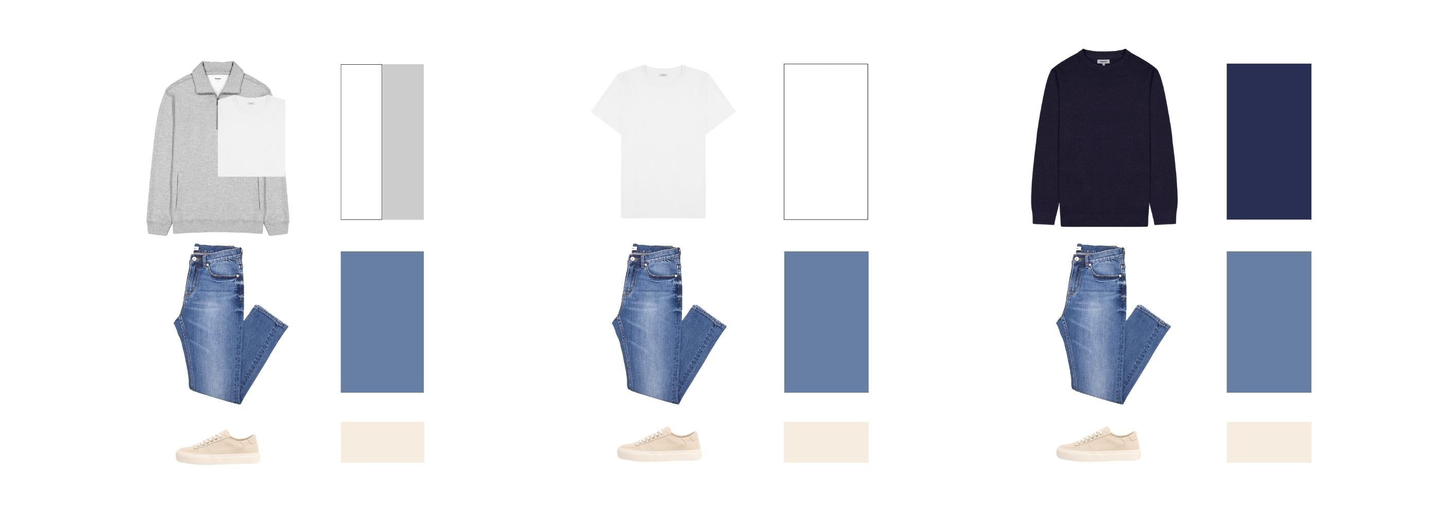 Foolproof Colour Combinations for Washed Blue Jeans with a White/Cream Sneaker