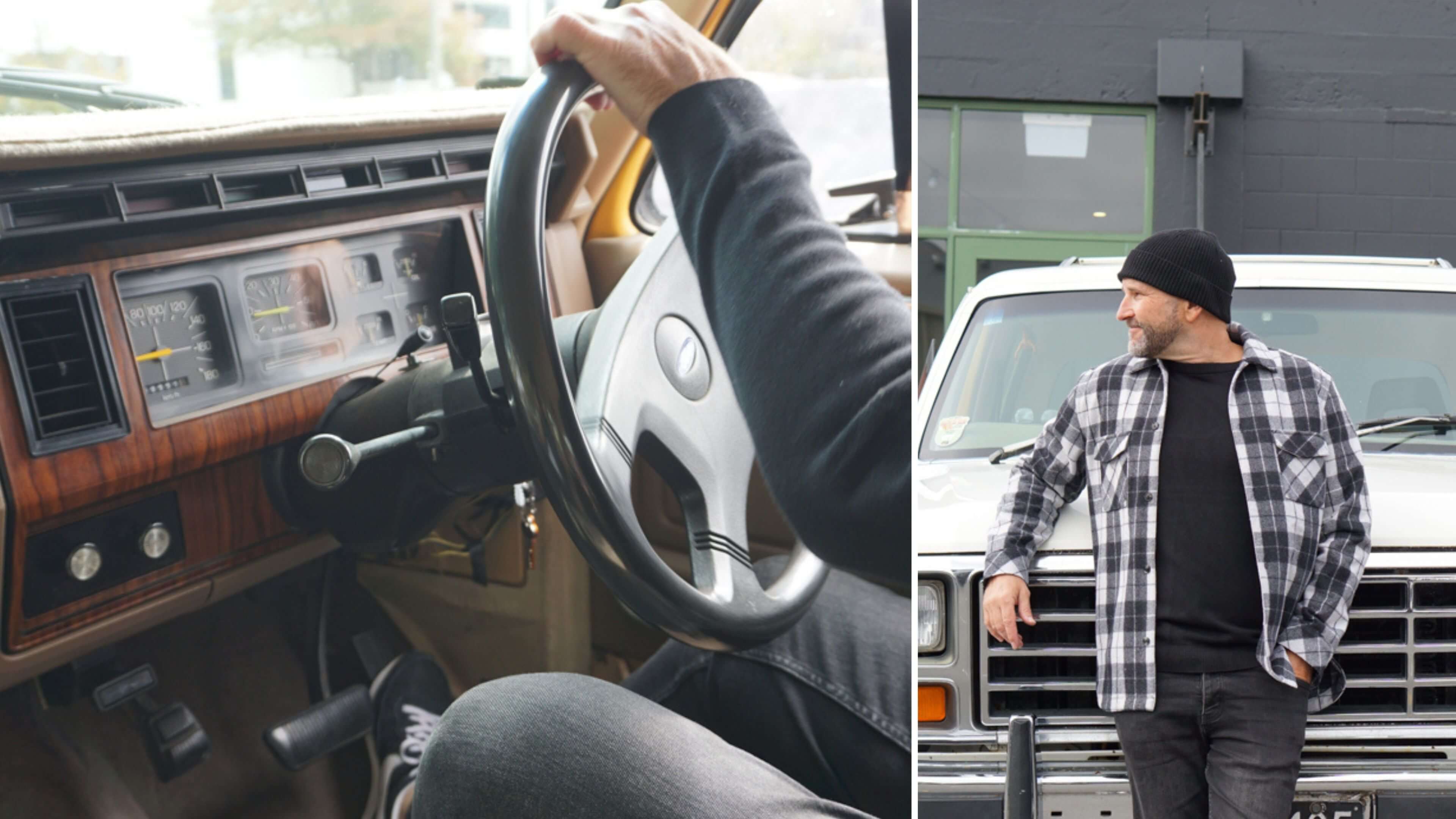 Ed Burak driving, next to an image of Ed standing at the front of his car