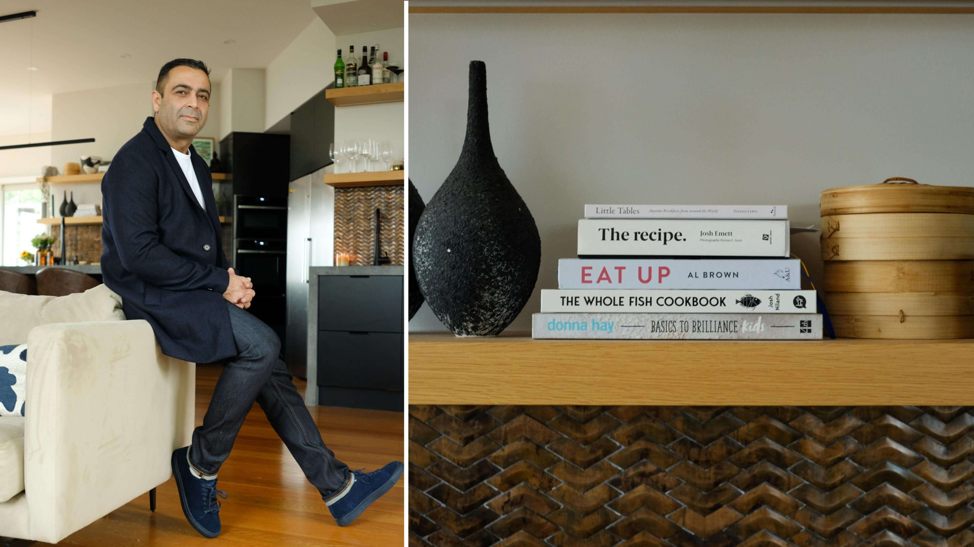 Sid Sahrawat sitting on the couch, next to an image of the cookbook shelf in his kitchen