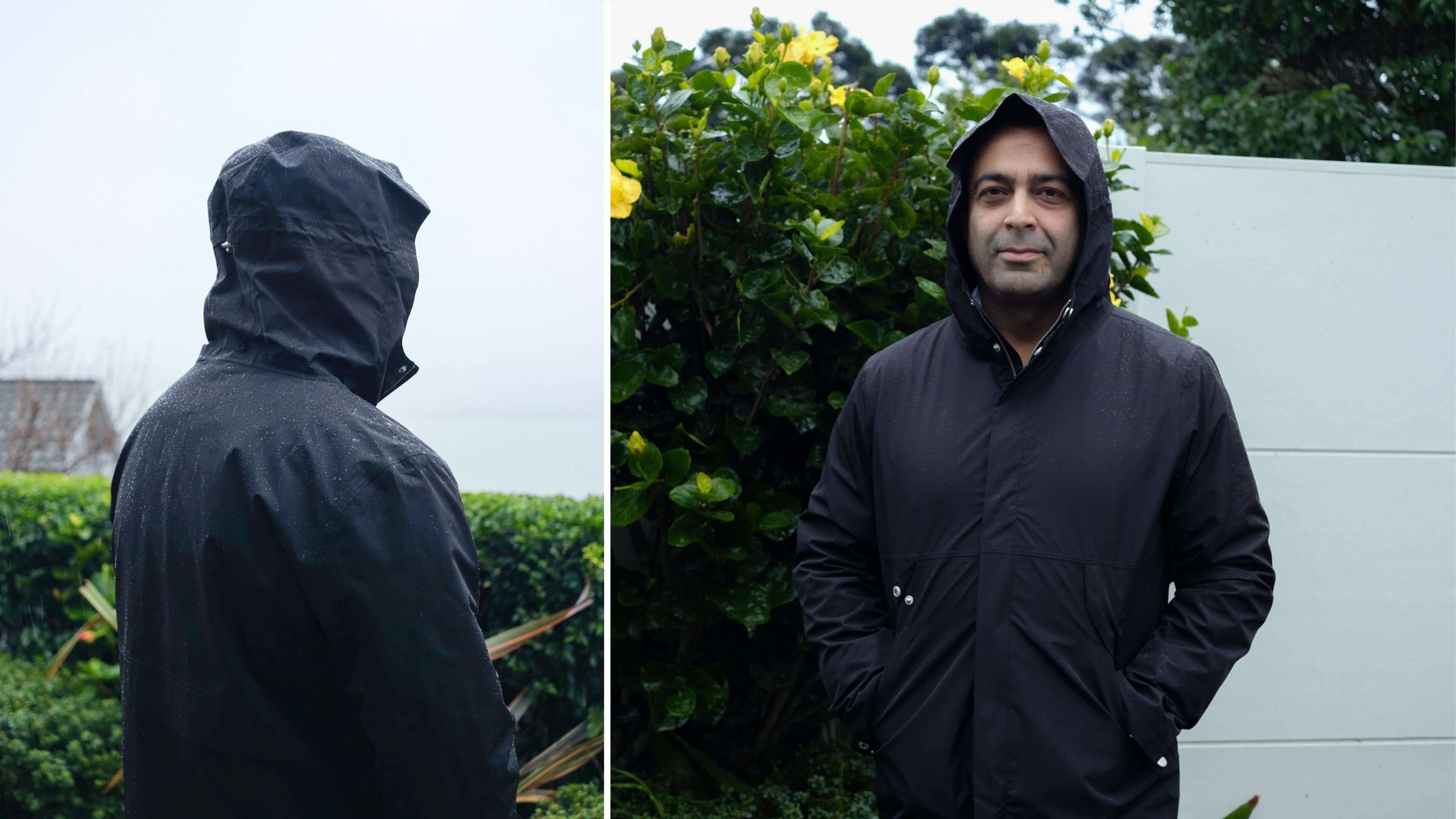 Sid stands outside in the rain wearing the smart rain black shell, next to an image on the left of sid standing in the rain facing off the deck