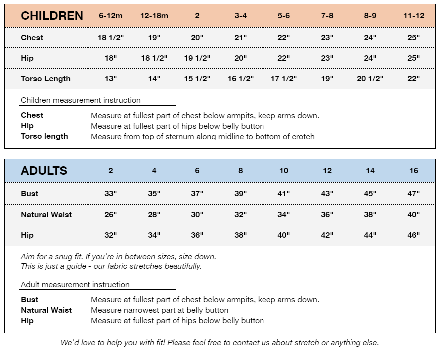 Childrens and Adults size chart for friendship unlimited suits