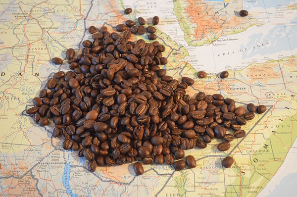 coffee beans on a map of Africa