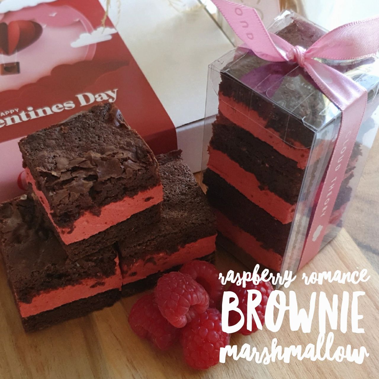 Raspberry Romance Marshmallow Brownie -A match made in heaven! We have paired raspberry flavoured marshmallows with our decadent brownie base to create one romantic treat!